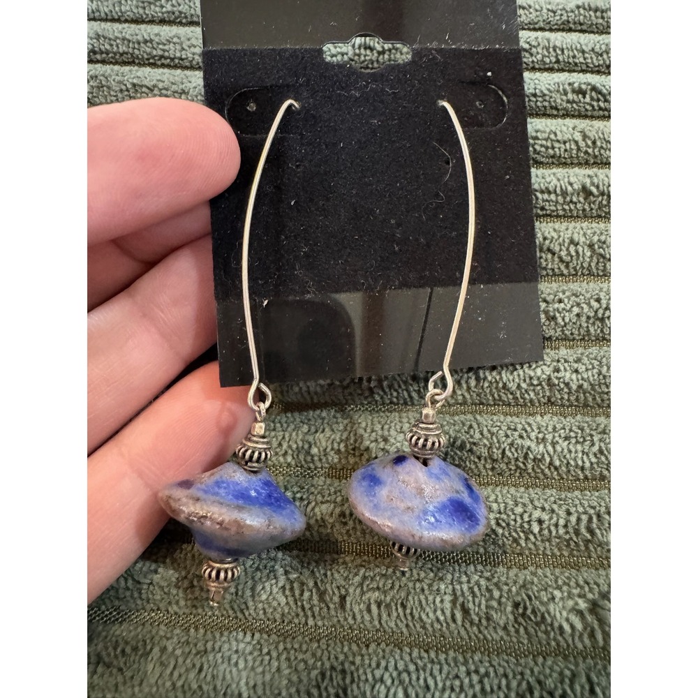 Blue Ceramic Dangle Earrings Silver‎ Tone Metal Accent Boho Jewelry